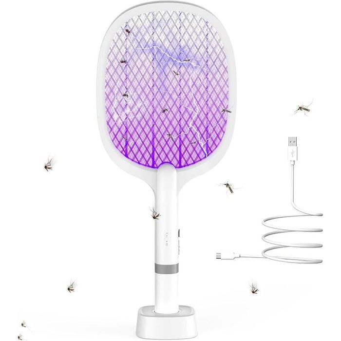 Raquette Electrique Insectes 5000V 2000mAh Raquette-Anti Moustique USB C Rechargeable Raquett e Anti Mouche avec Base Stable