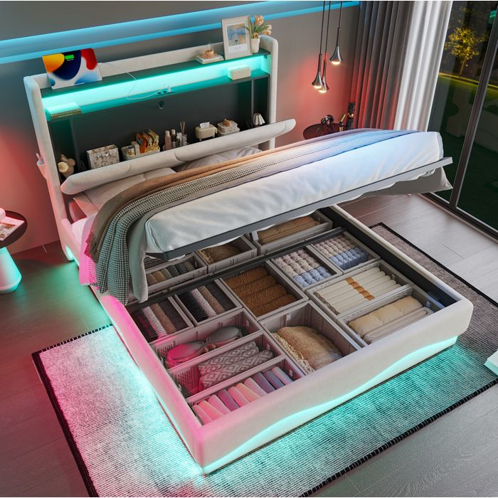 Lit coffre 160 x 200 cm en velours beige avec LED étagère de tête de lit USB-C et sommier à lattes relevable