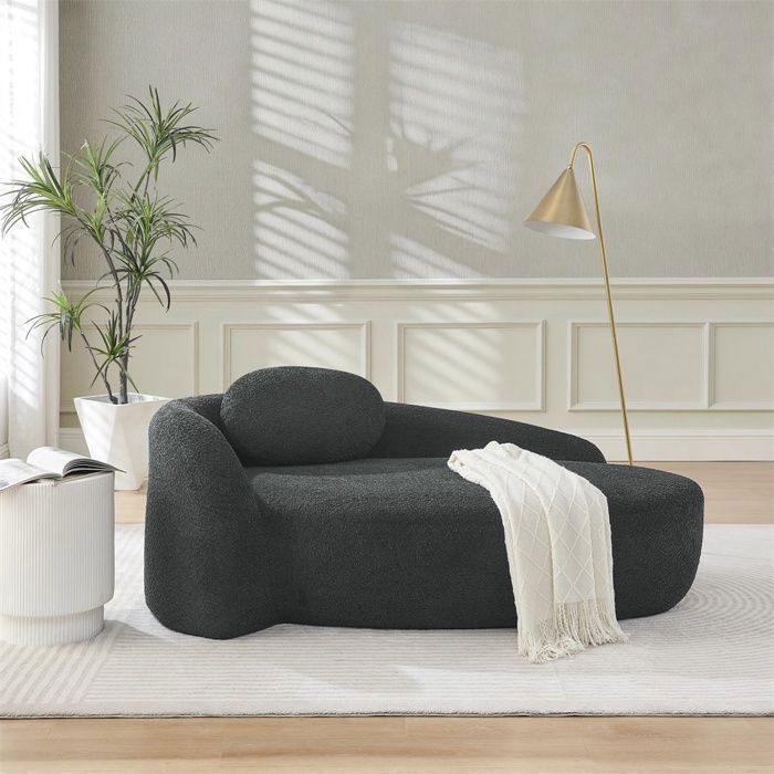 Canapé méridienne tissu bouclette - 170x96x62cm - Banquette lounge arrondie avec coussin mousse haute densité - Noir