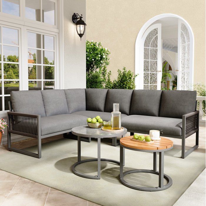 Salon De Jardin D Angle 6 Places En Métal Galvanisé Gris Avec 2 Tables Basses Coussins Inclus Pieds Réglables Extérieur
