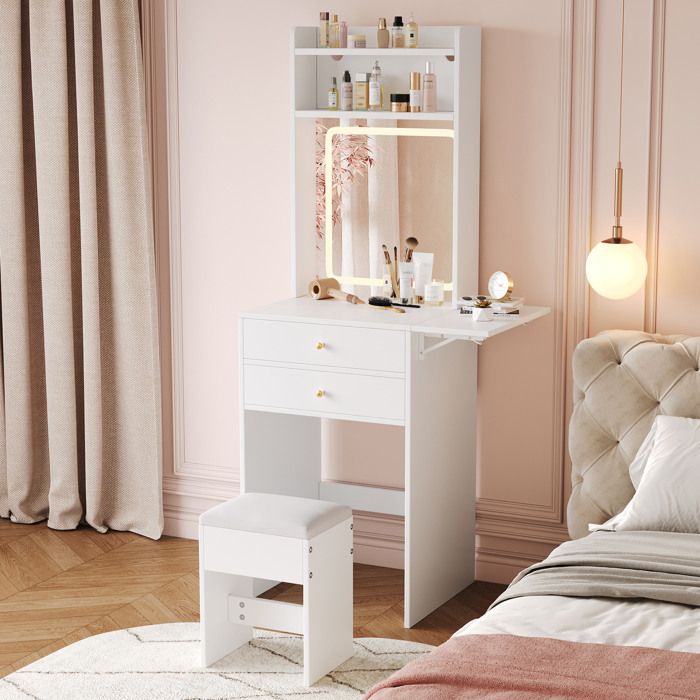 WOVREO Coiffeuse blanche 75x45x156 cm avec miroir LED tricolore tabouret 2 tiroirs et tablette rabattable