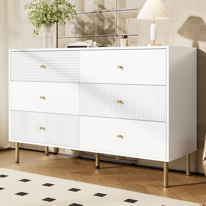 MEULVA Commode à 6 tiroirs 120 x 40 x 78 cm blanche en MDF avec poignées en alliage de zinc et pieds en acier MEULVA Commode à 6 tiroirs 120 x 40 x 78 cm blanche en MDF avec poignées en alliage de zinc et pieds en acier