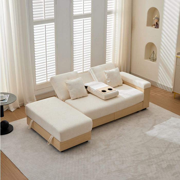 Canapé d’angle convertible 3 places 217 cm en chenille beige avec rangement 2 tiroirs et porte-gobelets