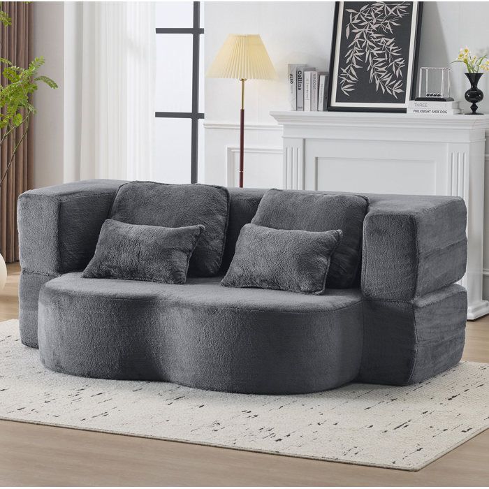 Canapé de sol convertible AESVAR 2 places en mousse haute densité avec 4 coussins tissu bleu gris