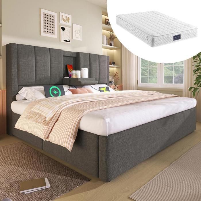 Lit - KOMHTOM - Lit coffre 160x200 - Matelas inclus - Rangement hydraulique - Port USB-C