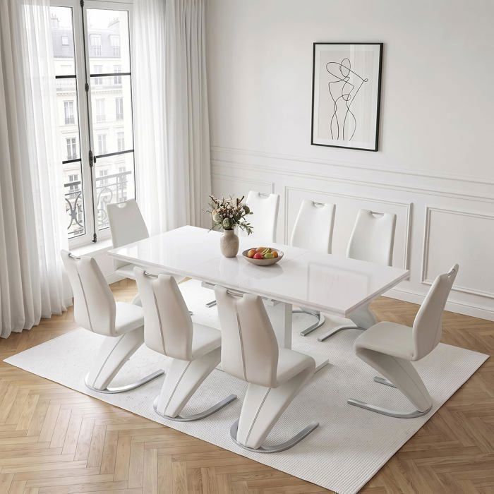 JIEXI Ensemble de table à manger extensible table de cuisine blanche avec 8 chaises beige à pied en Z (140-180 cm)
