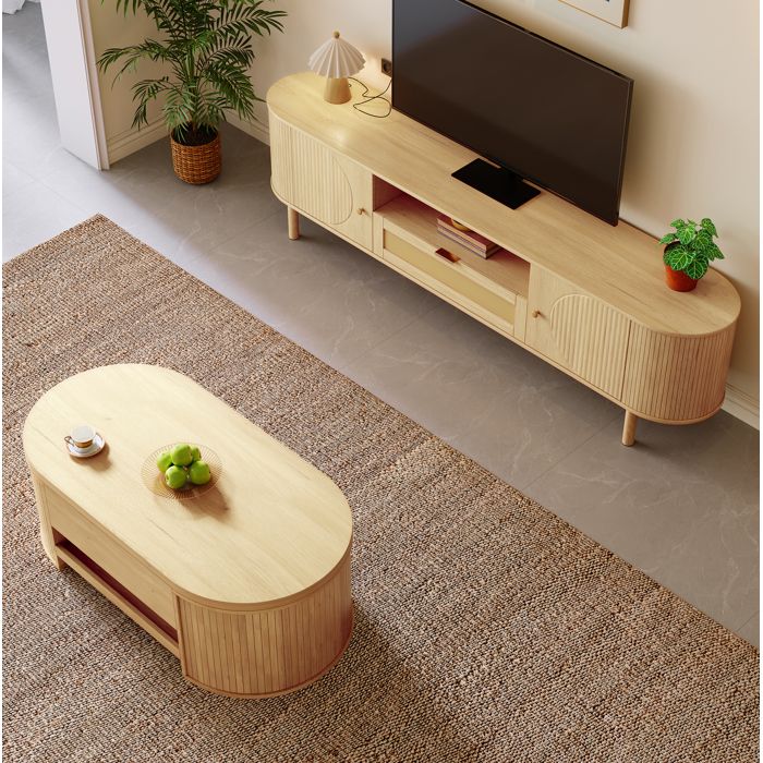 Ensemble Salon MDF Bois Naturel Table Relevable Et Meuble TV FloraGrace Pour Salon Rangement Integre 110x55 5x40cm/175x36x41cm