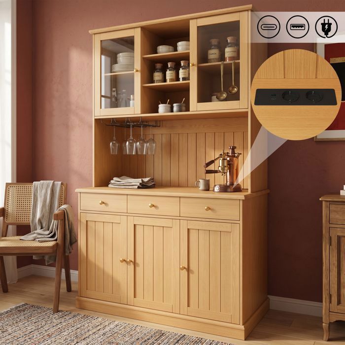 Buffet haut vitré - Memkey - 120 x 40 x 191 cm - Effet bois naturel - Porte-verres prises USB-A et USB-C