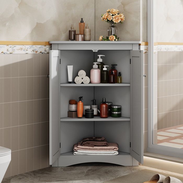 Meuble Salle de Bain - 61.5x34.5x80cm - Armoire de Coin Autoportante avec 2 Portes 3 Niveaux de Rangement en Bois MDF - Gris