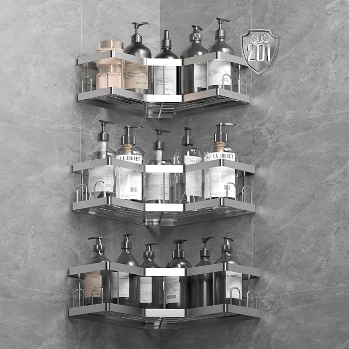 Rangement Salle de Bain 3 Pcs Argent Etagere Salle de Bain Accessoire sans Percage 201 Acier Inoxydable 3 Pack Argent