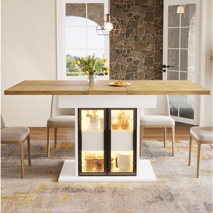Table A Manger Extensible Blanc Bois Table Repas Moderne FloraGrace Pour Cuisine Rangement LED RGB 110/140x80x779cm