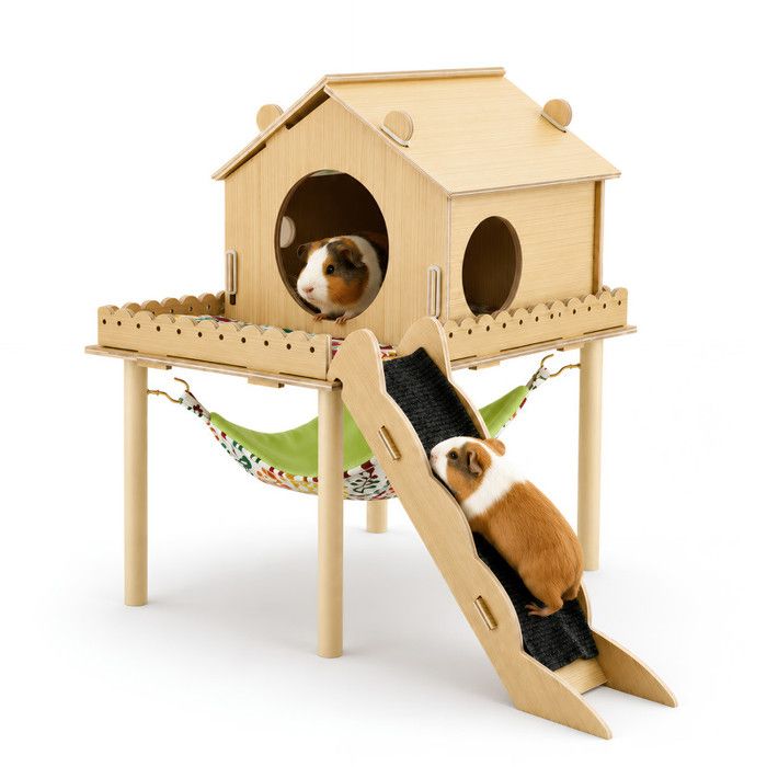 Cabane en Bois pour Cochons d’Inde Maison Cachette pour Petits Animaux avec Rampe convient pour lapins hamsters nains 60 x 52