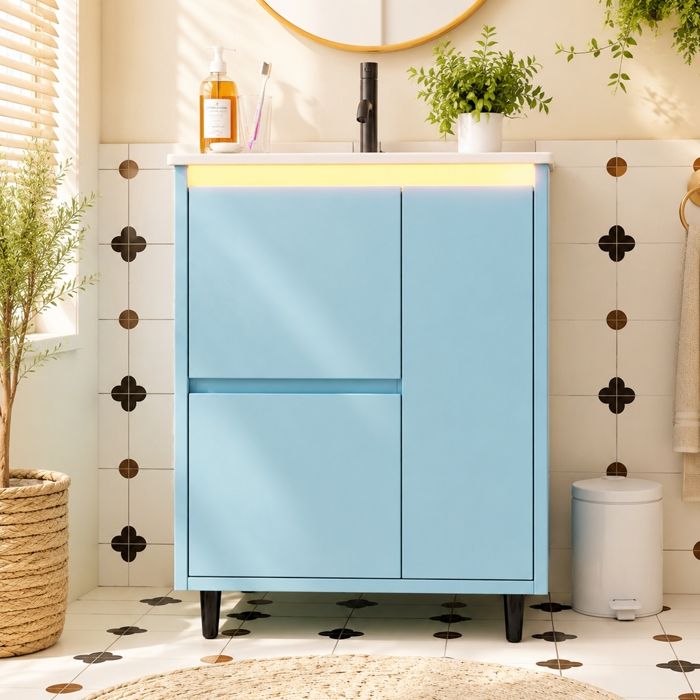 Lavabo avec meuble bas-Meuble de salle de bain avec lavabo-Résistant à lhumidité et à leau-Bac en céramique intégré-Bleu