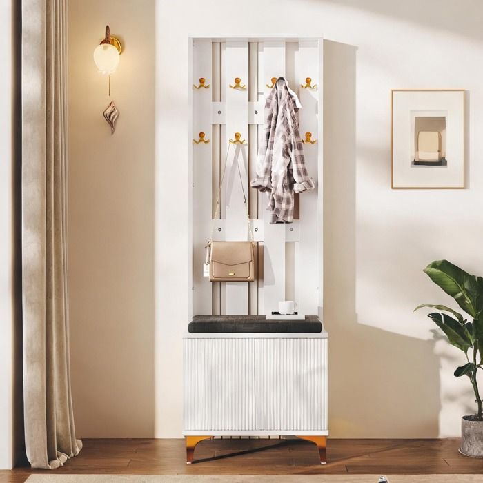 Meuble dentrée avec banc et coussin finition white finish façade ondulée portes push-to-open 180 5 cm