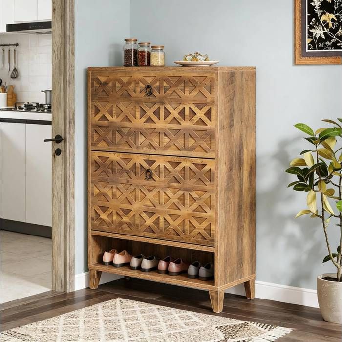 Meuble a chaussures marron – 2 tiroirs basculants – etagere ouverte – effet bois rustique