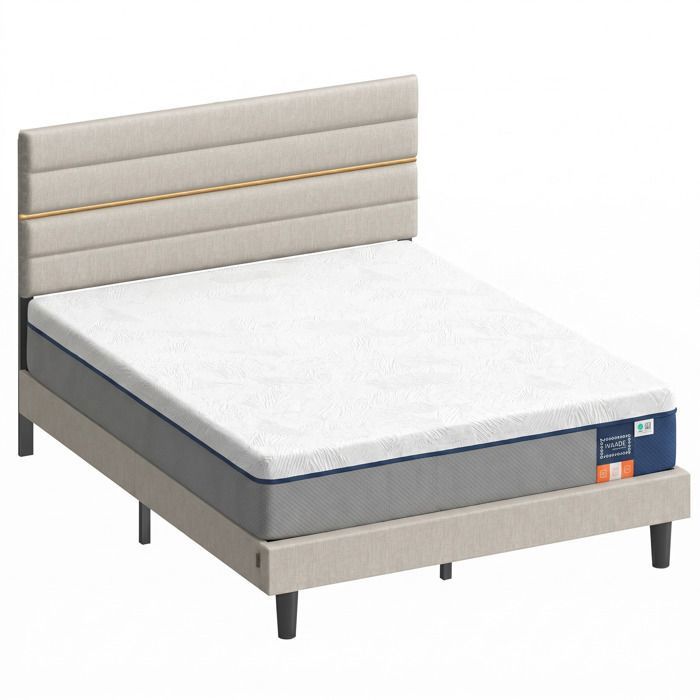 Lit complet 160 x 200 cm Lit rembourré ensemble avec sommier et matelas Mousse à mémoire de forme 7 zones Beige Lit complet 160 x 200 cm Lit rembourré ensemble avec sommier et matelas Mousse à mémoire de forme 7 zones Beige