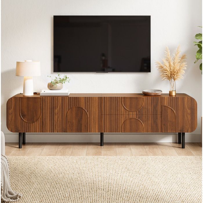 Meuble TV en MDF et panneaux de particules 180 x 40 x 475 cm couleur noyer avec 3 portes 2 tiroirs et passe-câbles