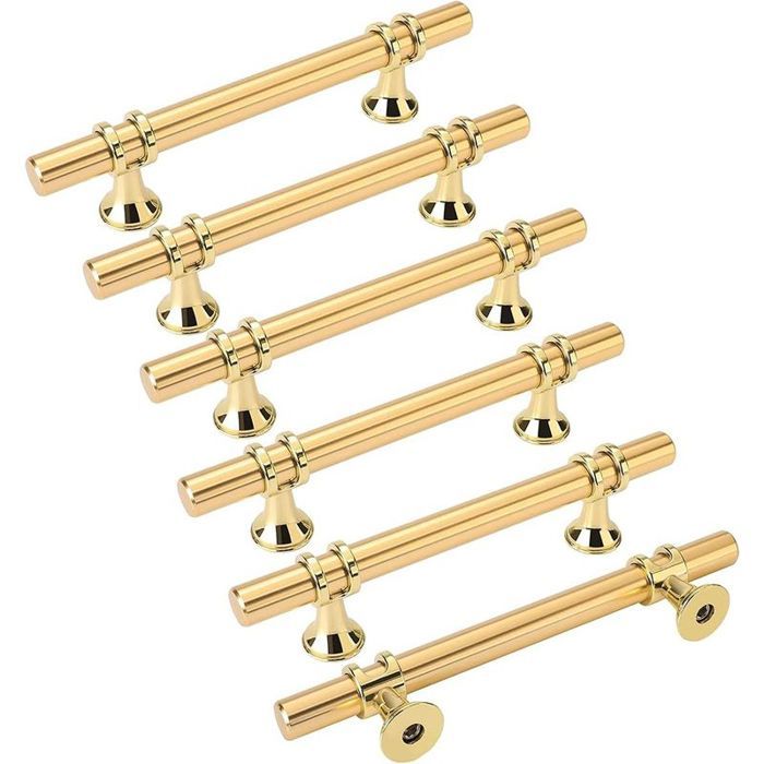 Lot de 6 poignées de meuble dorées entraxe 96mm en zinc pour cuisine et armoires