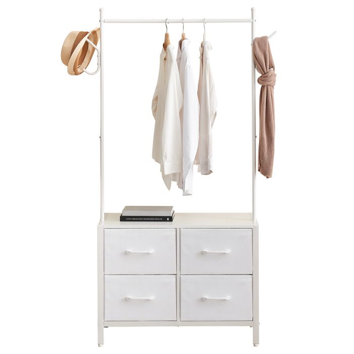 Commode penderie multifonction avec 4 tiroirs en tissu – crochets latéraux – Rangement optimisé pour chambre entrée ou salon