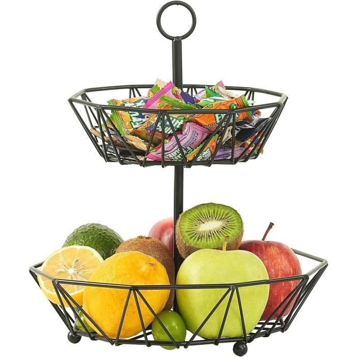 Corbeille à Fruits 2 Niveaux Métal - Détachable, Poignée Bois, Noir, Rangement Cuisine Organisé