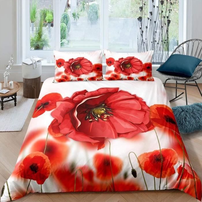 Parure De Lit Coquelicot, Housse De Couette Imprimée Fleur Rouge