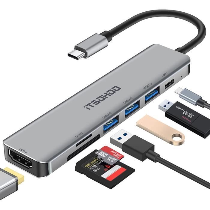 Adaptateur USB-C vers HDTV, TF/SD, USB3.0+USB/C, PD, 7 en 1
