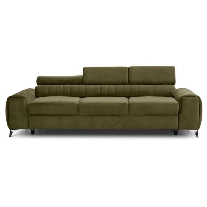 Canapé d'angle gauche convertible 4 places velours tramé vert olive LIVIA