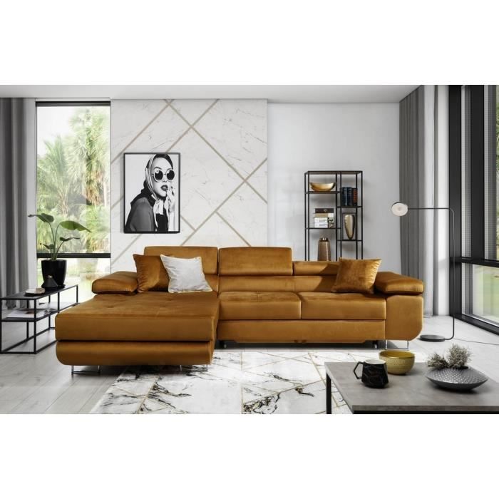 - Canapé dangle convertible ARMEL en tissu luxe 5 places couleur cuivre avec coffre angle gauche (vu de face)