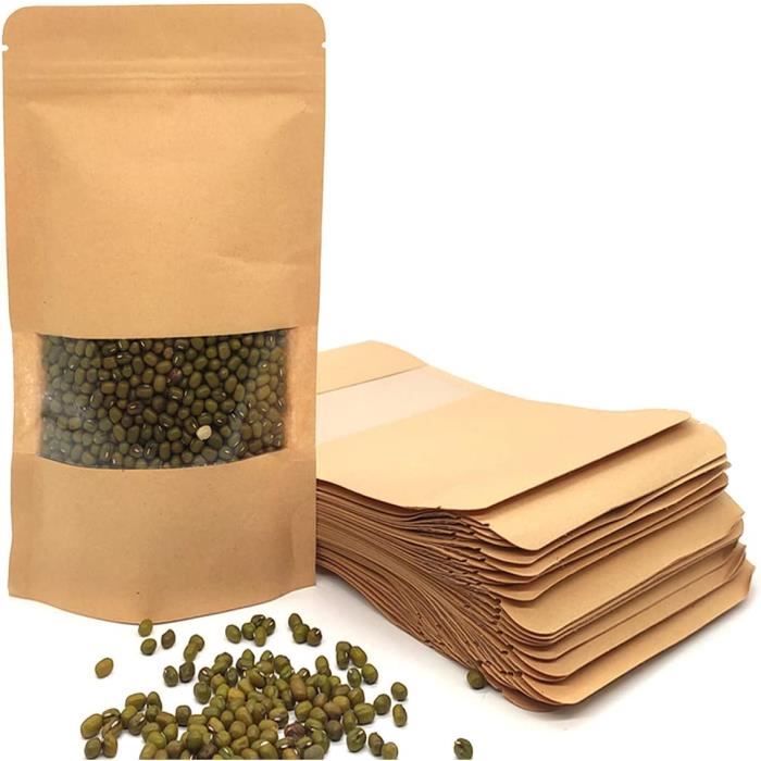 Lot De 20 Sacs En Papier Kraft Avec Fermeture Zip Et Fenêtre - 20x30 Cm, Alimentaire, Réutilisables Pour Aliments Secs