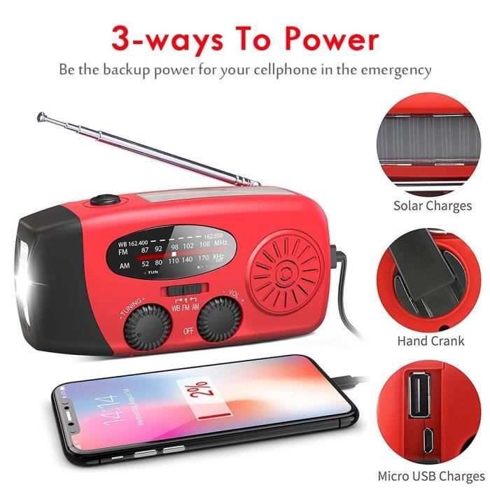 Radio solaire à manivelle AM-FM Radio météo durgence Portable avec 3 fournitures dinstruments musicaux agréables [91803A3]