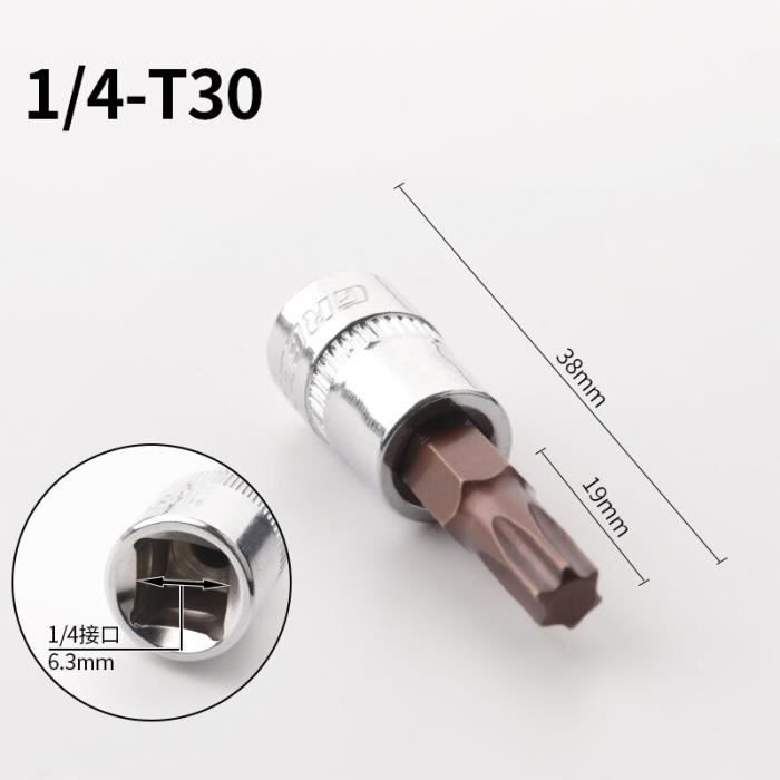 Douille Torx T30, Entraînement 1/4" - Acier S2, Longueur 37 Mm - Pour Vis Torx, Usage Mécanique, Bricolage - 9
