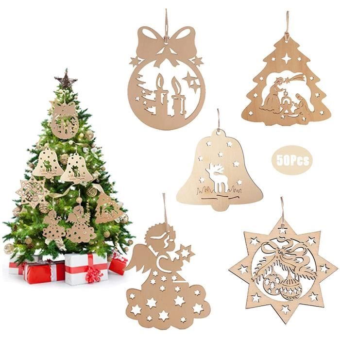 20 Décorations de Noël Pendentif Bois Sapin de Noël Décoration Ange Orignal Étoiles Cloches