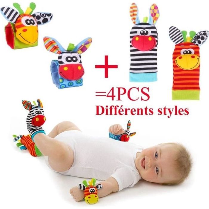 4Pcs Bébé Poignet et Chaussettes Hochet Jouets Ensemble Poignet de Bell Strap hochets et Animal Bébé Chaussettes De Pied