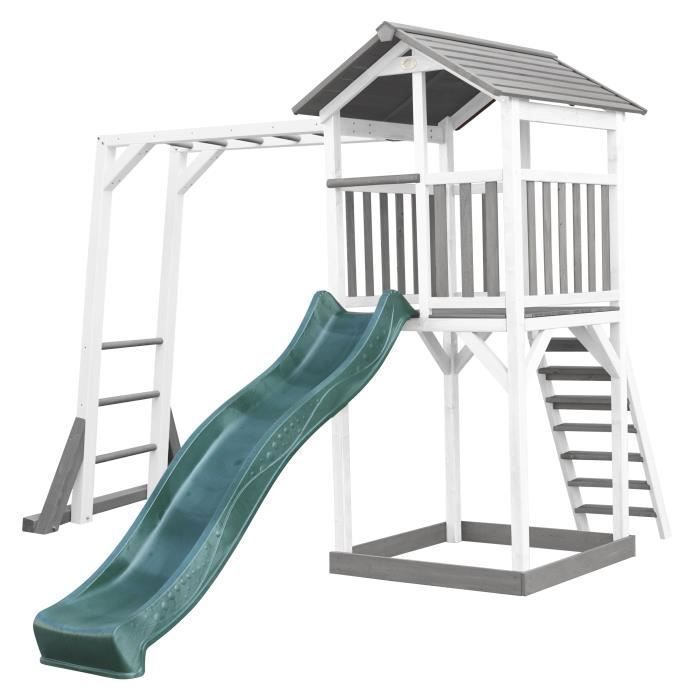AXI Beach Tower Aire de Jeux avec Toboggan en Vert, Cadre d'escalade & Bac à Sable | Grande Maison Enfant extérieur en Gris & Blanc
