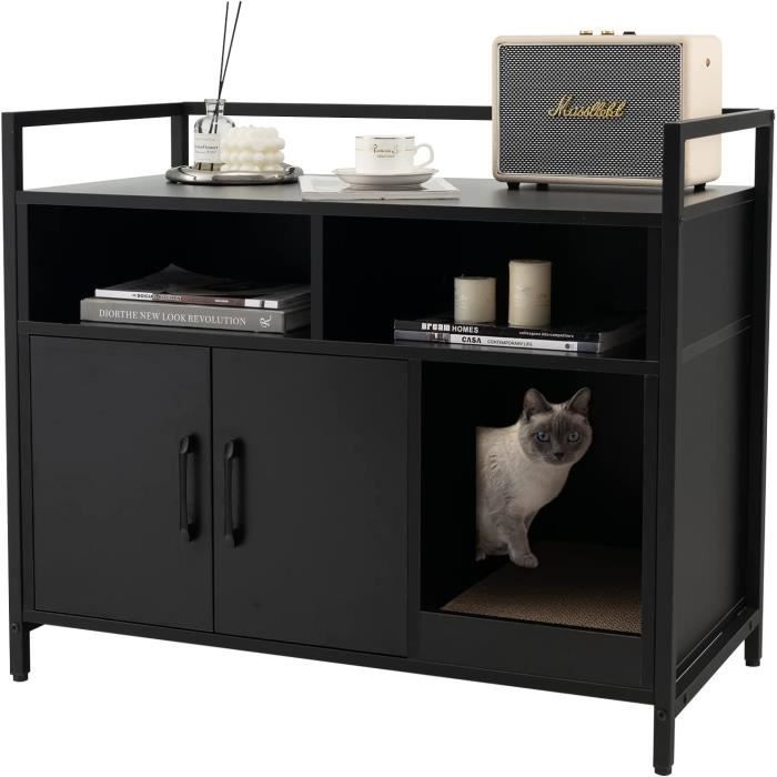 Meilleurs prix pour GOPLUS Boîte à Litière Pour Chat, Meubles Pour Chat Cadre en Métal Robuste, Planche à Gratter, Caisse en Bois (Noir)