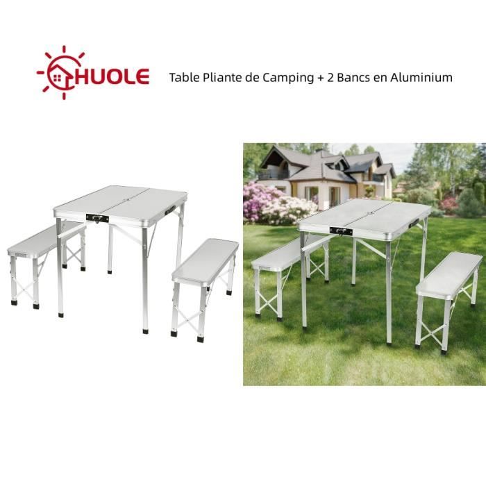 HUOLE Table Pliante de Camping Valise 90 cm x 60 cm x 70 cm + 2 Bancs