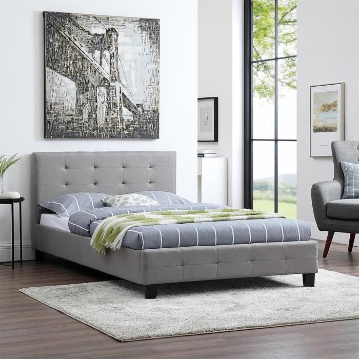 Lit simple pour adulte MARLON avec sommier 120x190 cm 1 place et demi / 1 personne tête et pied de lit capitonnés en tissu gris
