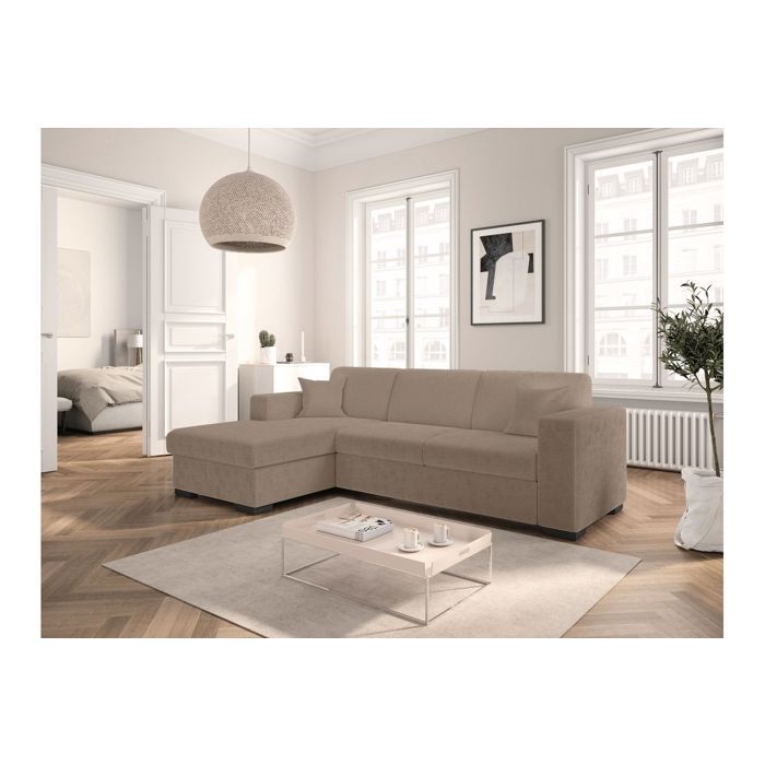 Canapé dangle gauche 4 places FUJI XL convertible avec coffre en tissu bouclette - Taupe - L262 x P157 x H83cm - LOUNGITUDE Canapé dangle gauche 4 places FUJI XL convertible avec coffre en tissu bouclette - Taupe - L262 x P157 x H83cm - LOUNGITUDE