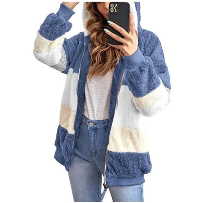MINYA Femme Veste Polaire Zippé Sweat-Shirt à Capuche Grande Taille Hiver Polaire Manteau Hoodie Chaud Colorblock Tops Pullover Manche Longue Sweat Manteau Fleece Confortable