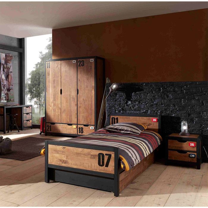 Pack - Lit Enfant Sommier & Tiroir Alex 90x200cm Marron & Noir Pack - Lit Enfant Sommier & Tiroir Alex 90x200cm Marron & Noir