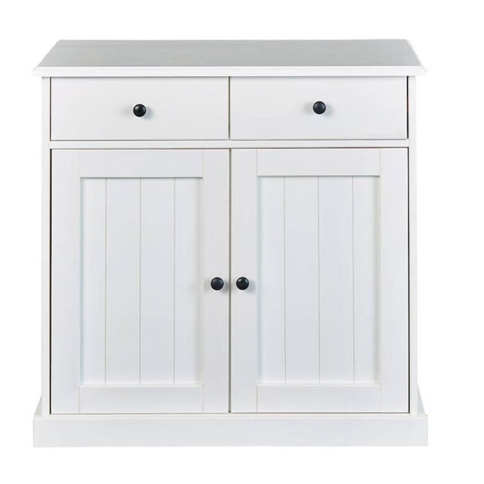 bahut 2 portes 2 tiroirs en bois massif laqué blanc - dim : l90 x h86 x p45 cm