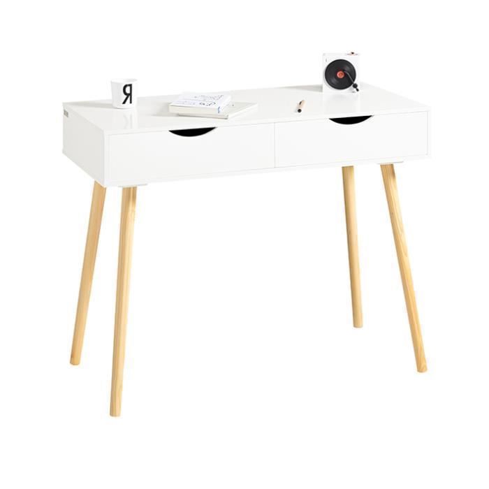 SoBuy Bureau Informatique avec 2 Tiroirs Passe-Câble et Plateau Bois Table de Travail pour Bureau Chambre ou Étude 90x45x77cm