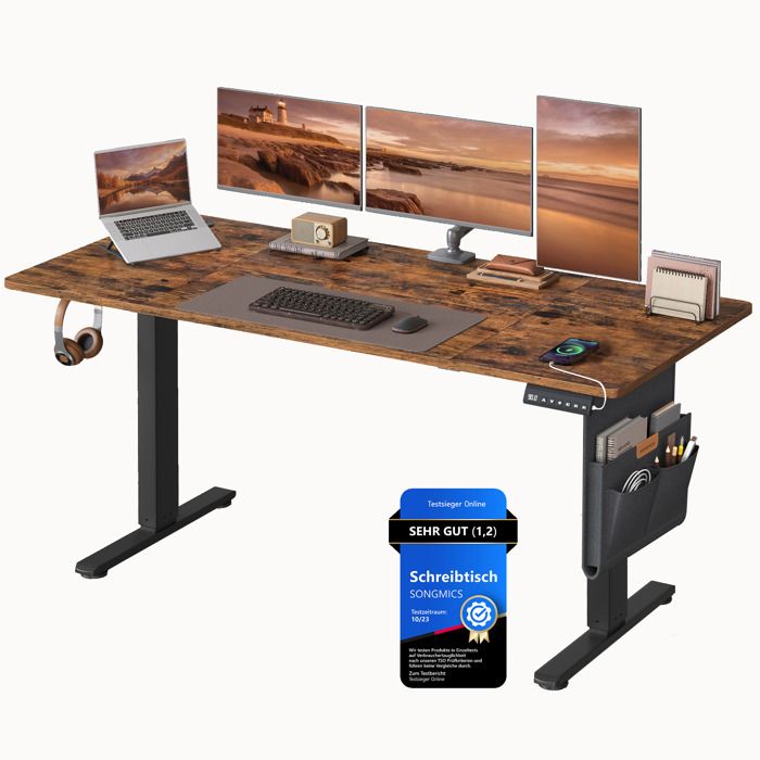 SONGMICS Bureau Électrique Réglable en Hauteur 160 x 70 cm Table Assis-Debout Fonction Mémoire 4 Hauteurs Télétravail Marron