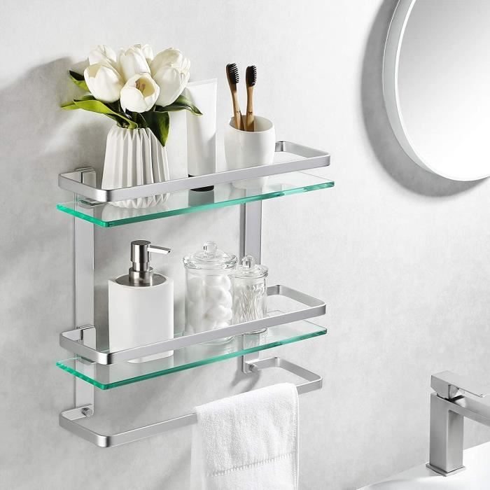 Étagère Salle De Bain Verre Trempé 8mm - 60cm - Support Noir - Charge 5kg