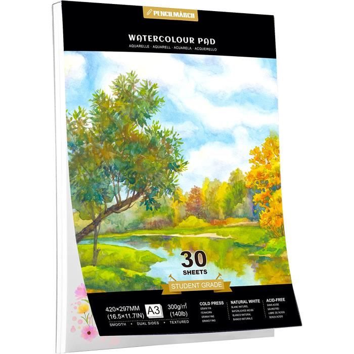 PENCILMARCH Papier Aquarelle A4 30 Feuilles 230g - Bloc De Dessin Blanc Idéal Pour Peinture Aquarelle Débutants & Artistes
