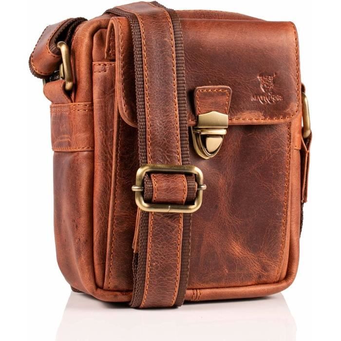 Sacoche Bandoulière Homme En Cuir Véritable Marron - Style Rétro, Taille Moyenne - Idéale Pour Voyage, Quotidien - Fermeture éclair, Doublure Toile