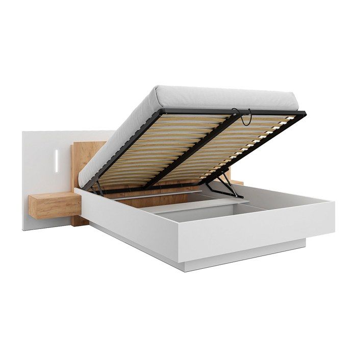 Lit coffre avec chevets 160 x 200 cm - 2 tiroirs - Avec LEDs - Coloris : Blanc et naturel - FRANCOLI