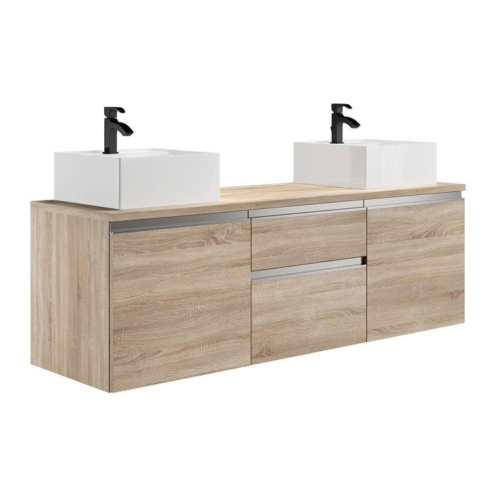 Meuble de salle de bain suspendu avec double vasque - Naturel clair - 150 cm - JIMENA II