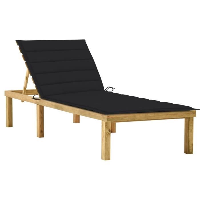 yaj - chaise longue avec coussin noir bois de pin imprégné-yos7290578421076