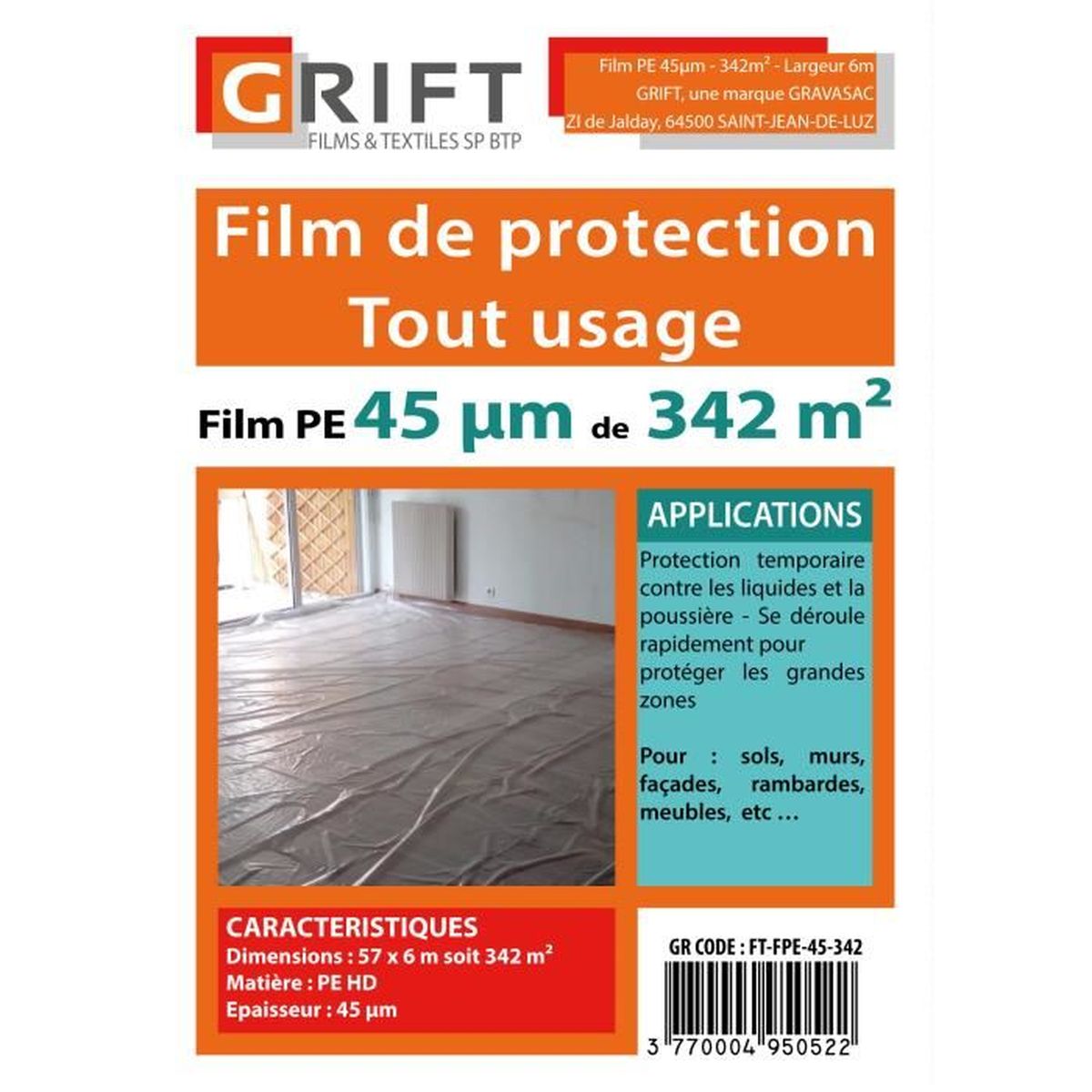 Film de protection en polyéthylène de 45 µm en rouleau 342 m² GRIFT 